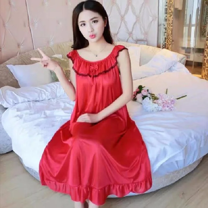 New Summer Short Sleeve Imitation Silk Nightdress Women's Lace Nightgown Lady Silk Home Clothes Thin Ice Silk Female Sleepwear