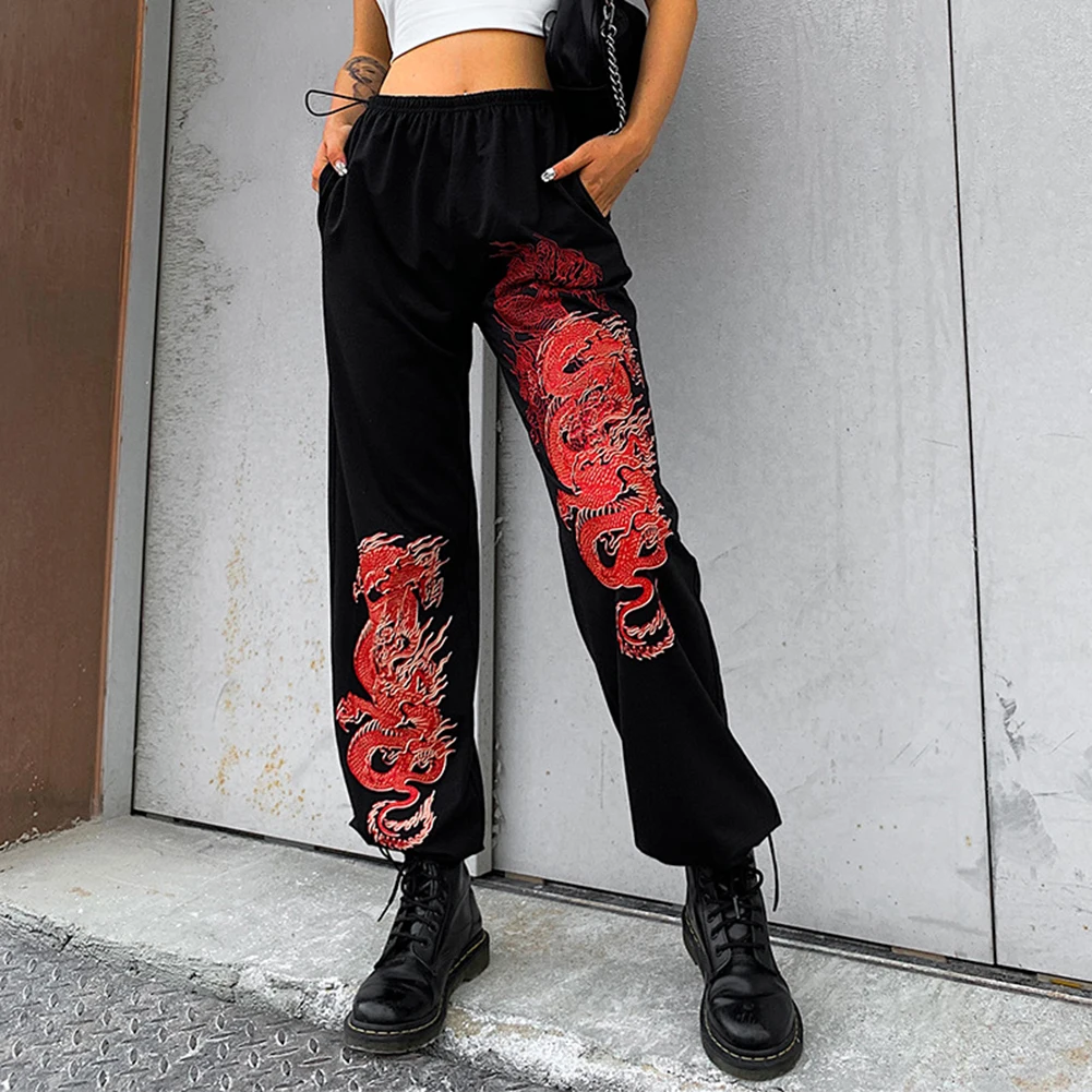 

Streetwear Dragon Print Loose Sweatpants Women Pants Drawstring Chinese Style Hip Hop High Waist Pants Trousers