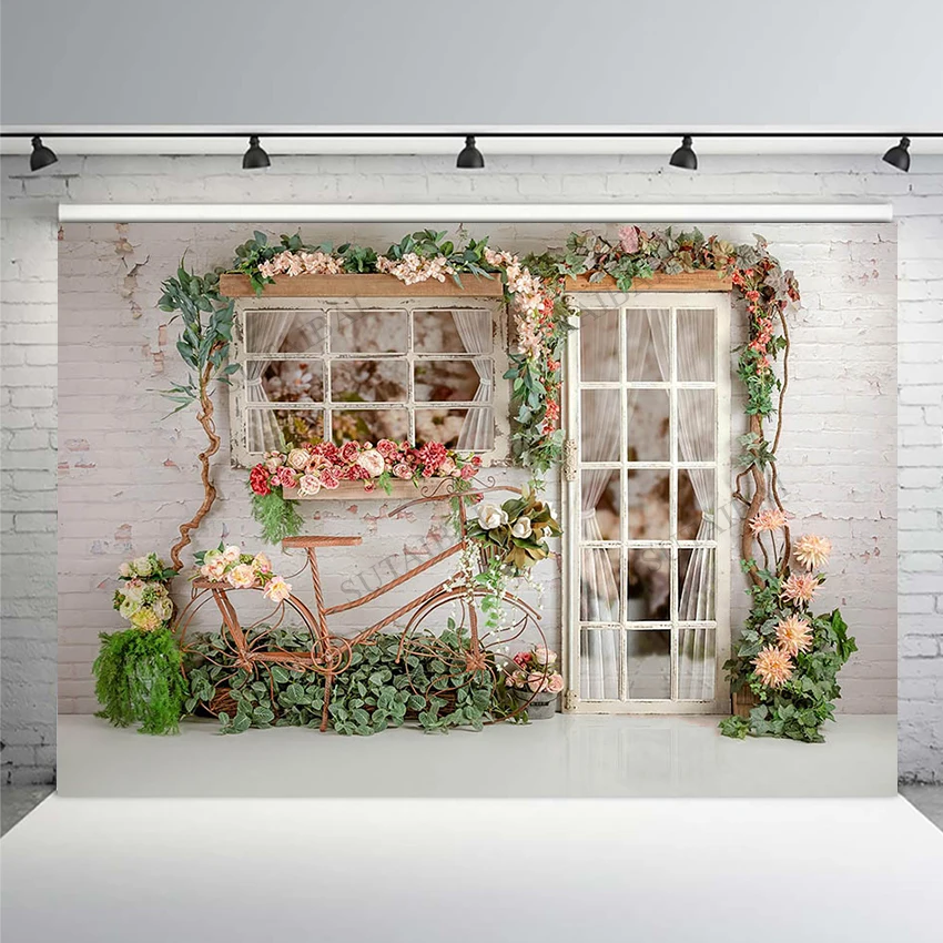 

Винтажные фоны с изображением кирпичной стены весенних цветов зеленых растений велосипеда на День святого Валентина Свадебный фон для сва...