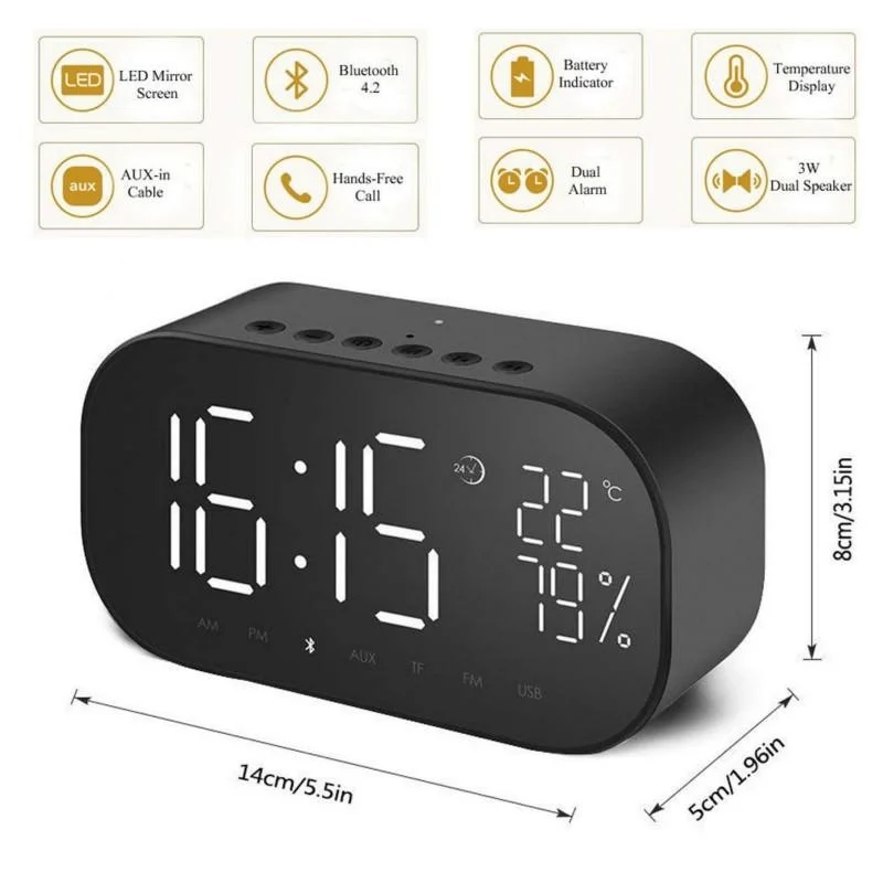 LED Alarm Clock with FM Radio Wireless Bluetooth Speaker Mirror Display Support Aux TF USB Music Player for Office Home |