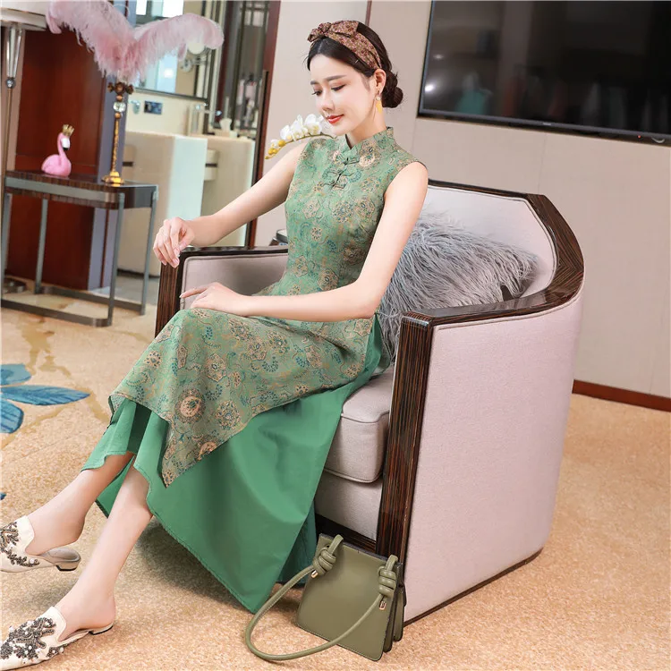Китайское роскошное зеленое женское платье без рукавов qipao aodai чонсам |