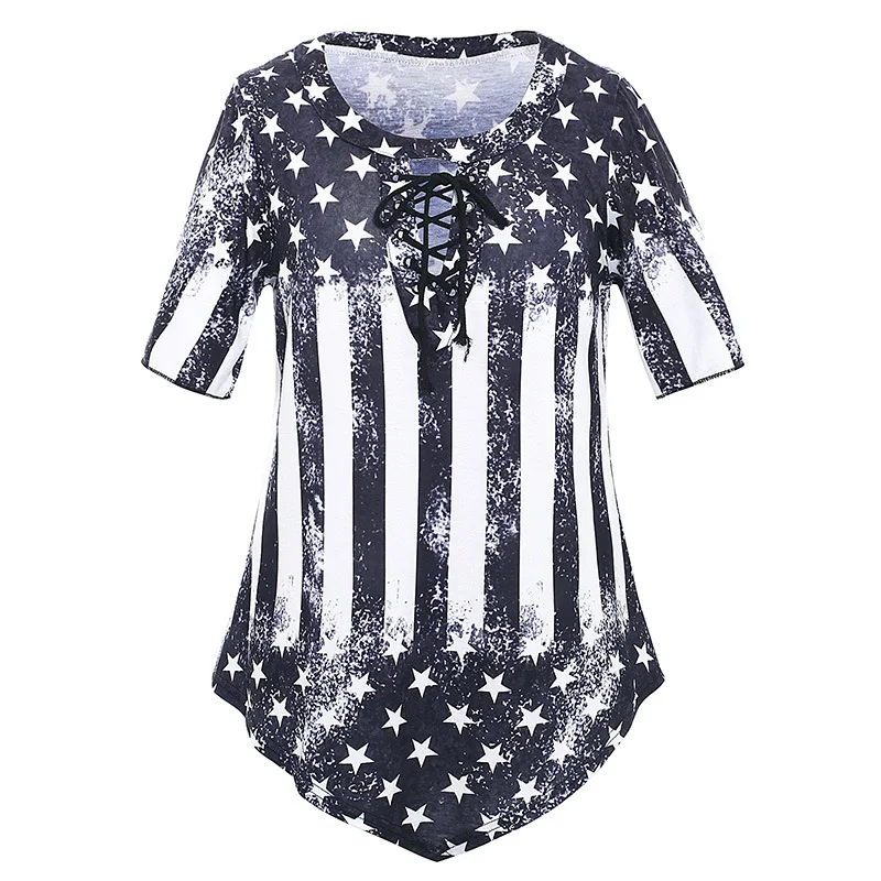 

Crew neck deep V sexy short sleeve top flag print loose T-shirt women's wear