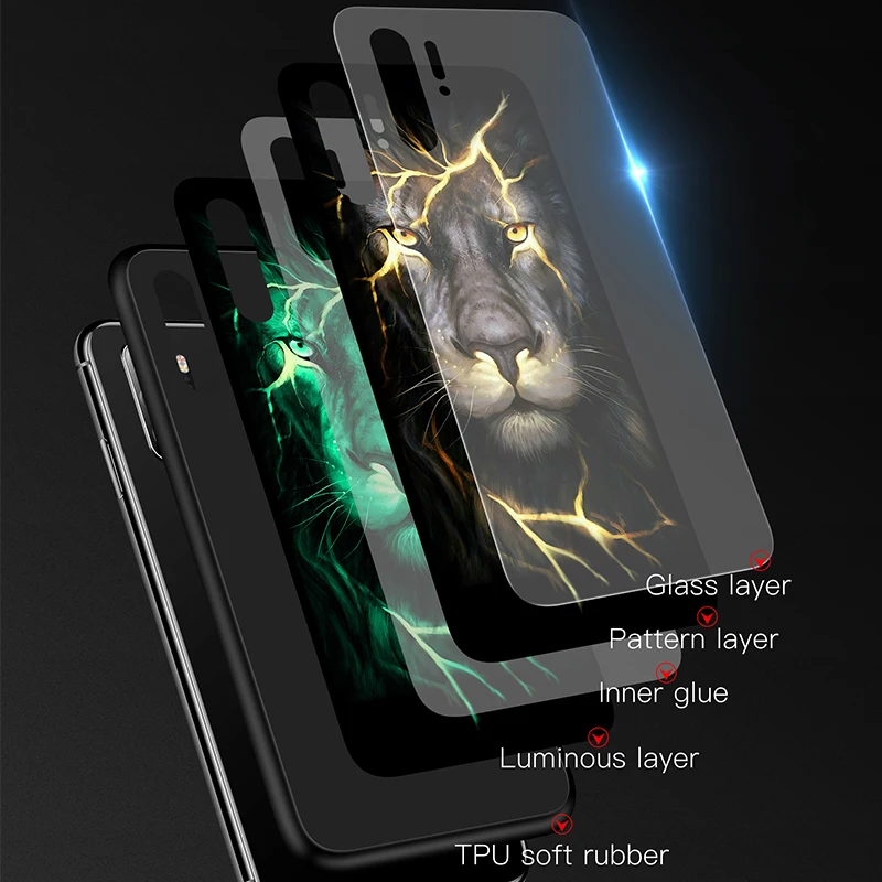 Lion Phoenix Wolf Tiger Luminous Glass Case For Huawei P40 P30 P20 Mate Honor 30 20 10 9 8 X Pro Lite Luxury Phone Cover Coque