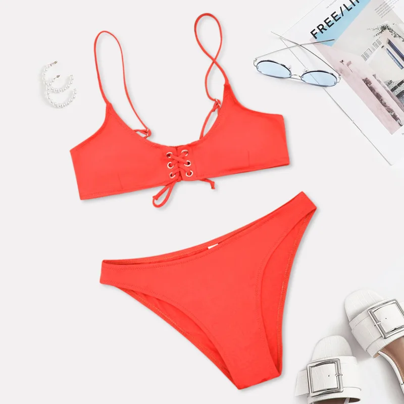 

2021 Swimsuit Lace Up Cross Tether Bikini Female 2 Piece Sets Wire Free Solid Polyester