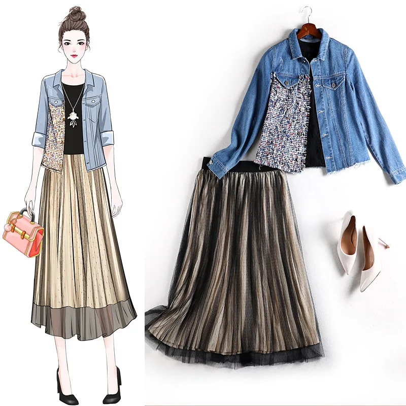 

2020 spring autumn women casual two piece skirt set female tweed denim ptachwork coat + mesh skirt clothing set JC78