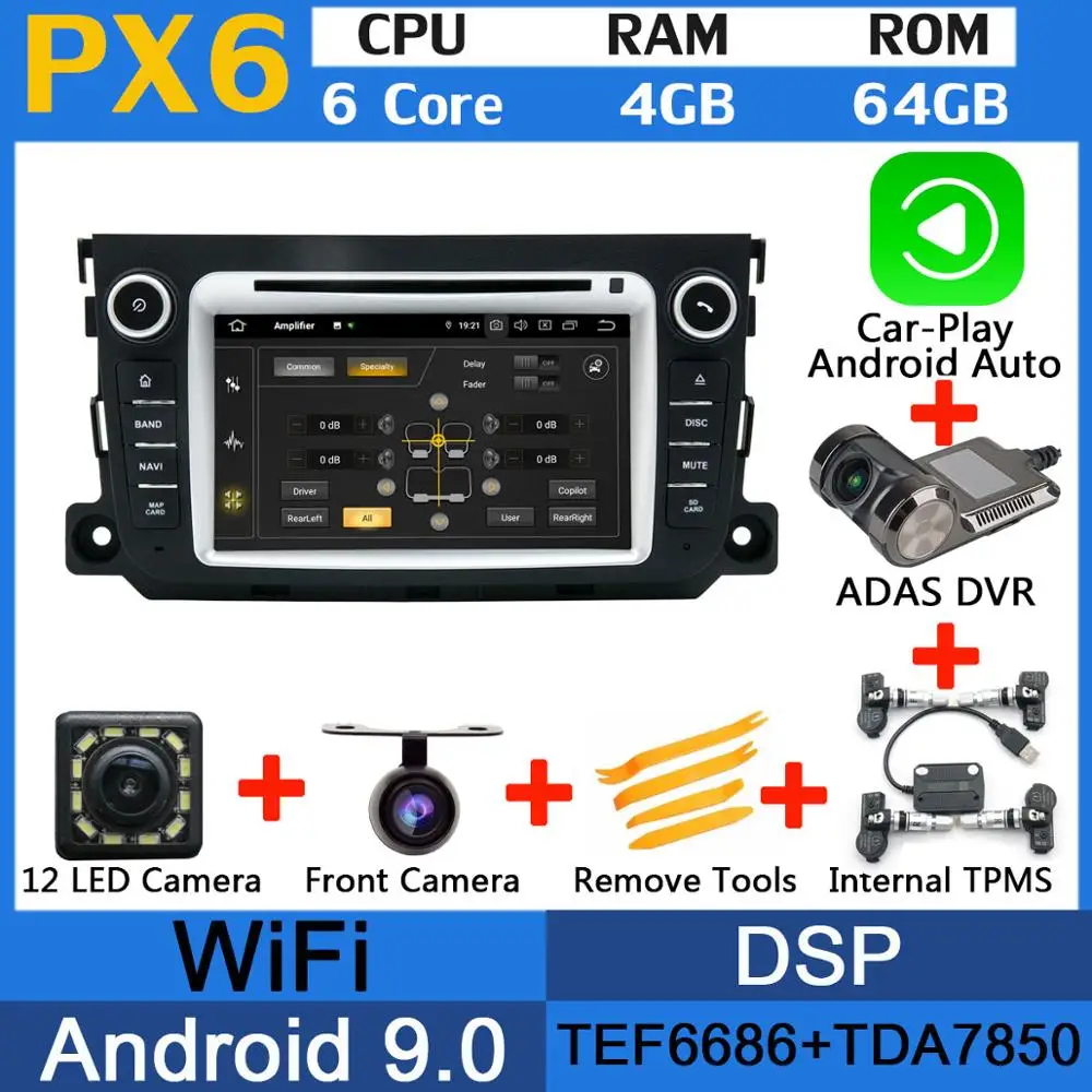 PX6-Adas-Carplay-TMS 5 USB порт PX6/Восьмиядерный 4 Гб ОЗУ Android 9,0 автомобильный dvd-плеер для Mercedes Benz Smart Fortwo 2011 2012 2013 Автомобильный gps Радио DSP - Цвет: PX6-Adas-Carplay-TMS