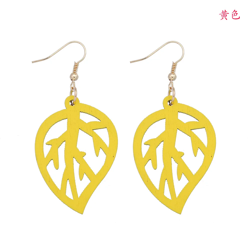 Золотые Висячие желтые деревянные трендовые женские серьги в виде листьев