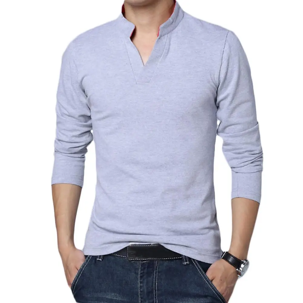 Однотонная мужская повседневная футболка с воротником-стойкой v-образным