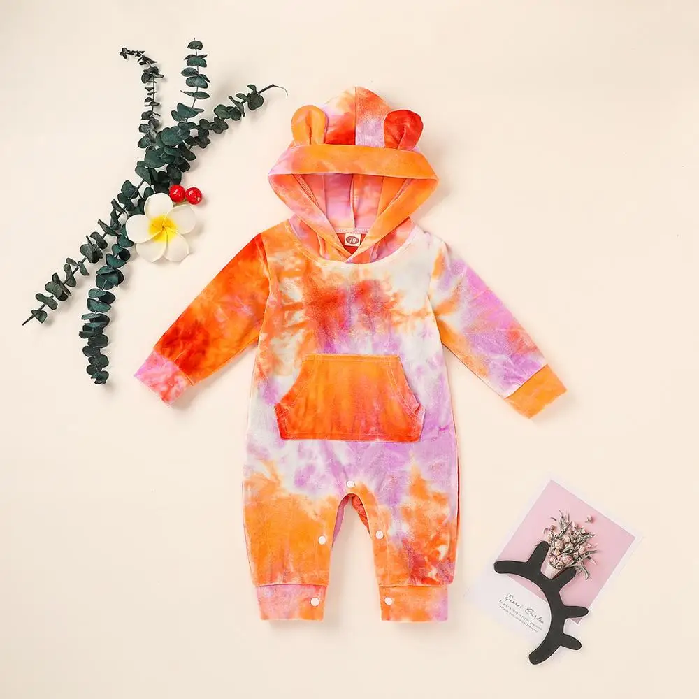 

WOSHILAOCAI Newborn Baby Boys Girls Romper 0-12M Clothes Long Sleeve Tie-Dye Printed Hooded Cute Ear Easter One Piece Jumpsuits