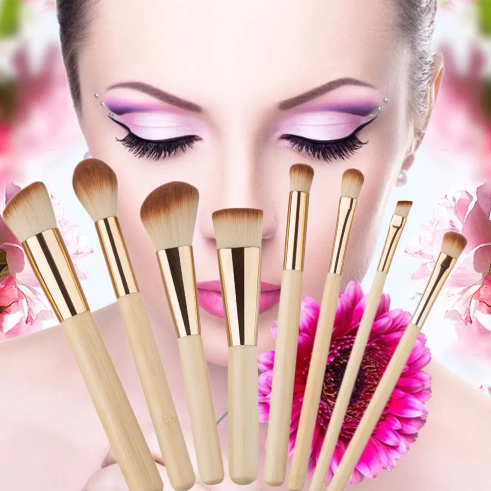 

Pro 8Pcs/set Bamboo Handle Makeup Brushes Set kits Powder Foundation Eyebrow Facial Multifunction Brushes Beauty Makeup Tool Pop