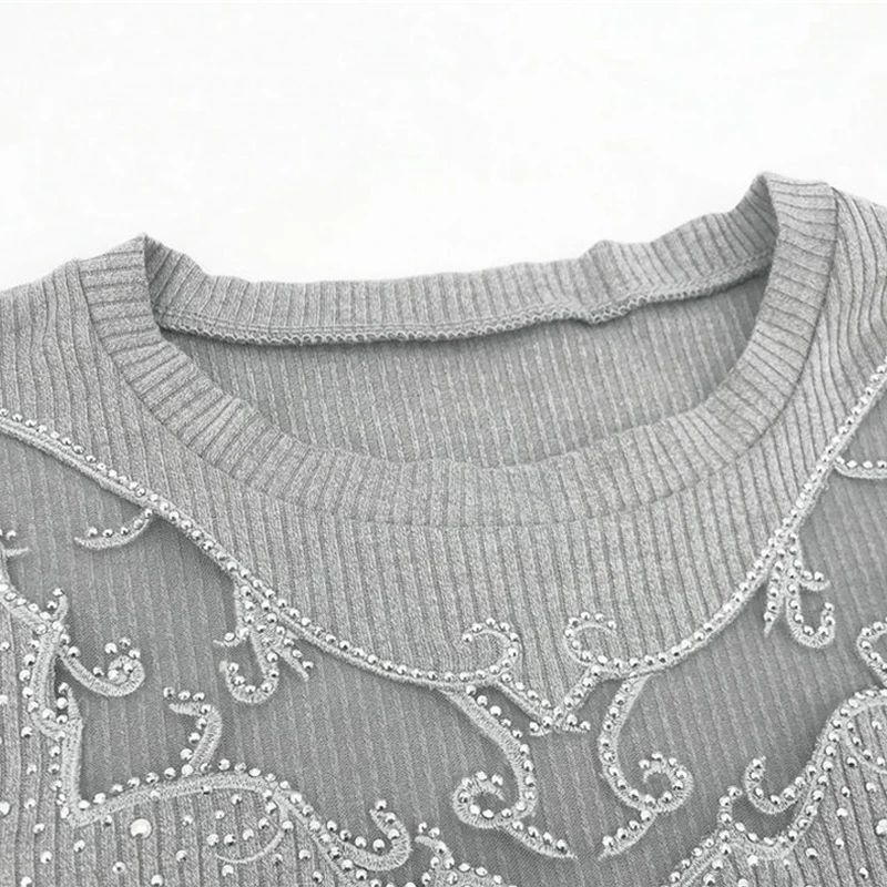 

Women Autumn Sexy Bodycon Dress Patchwork Mesh Diamonds Decor See Through Vintage Vestidos Slim O-Neck Elegant Ladies Dresses