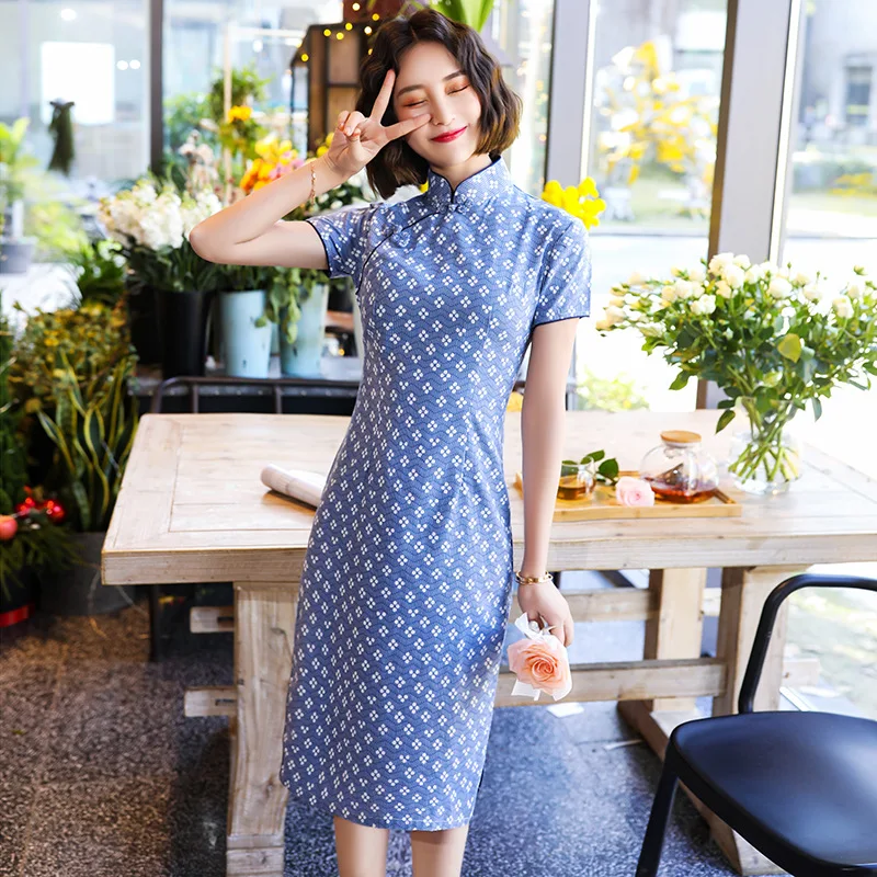 Женское вечернее Платье До Колена Ципао с коротким рукавом и воротником мандарин