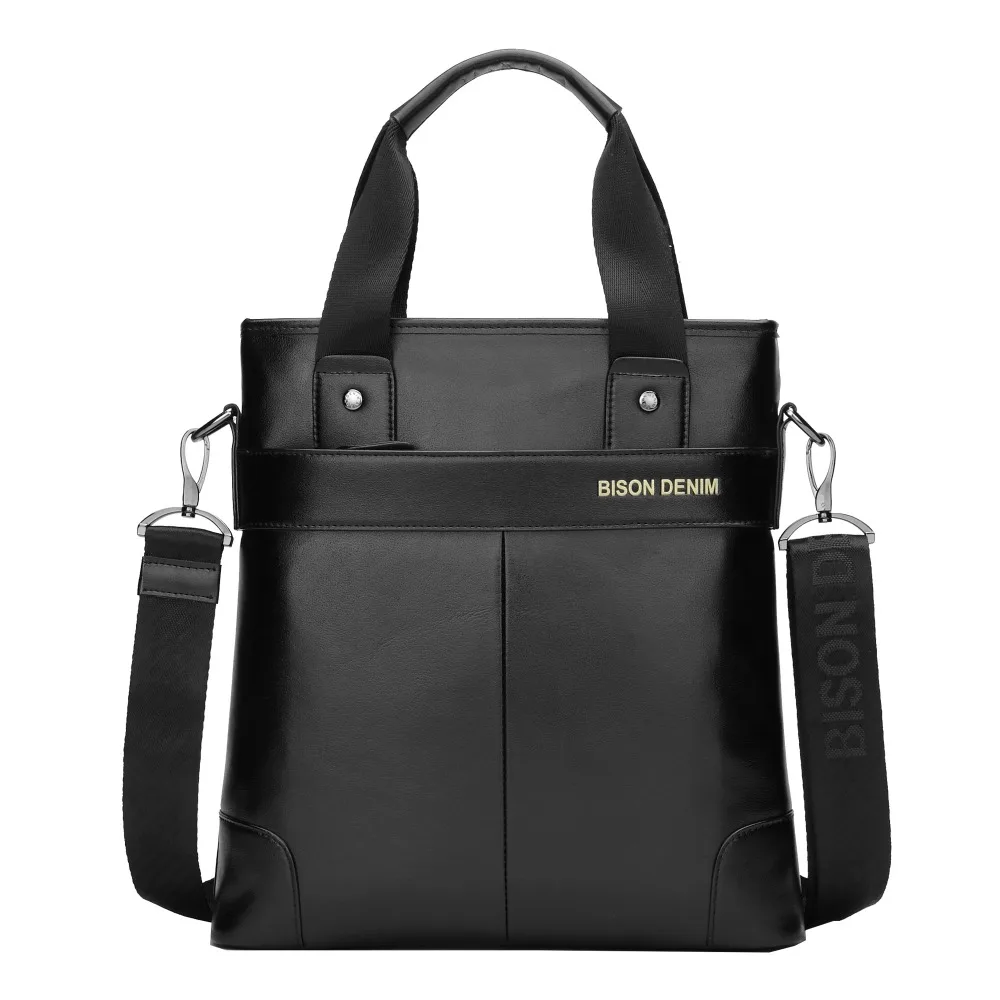 

Bison Denim Vertical business Briefcase Genuine Leather Handbag Men Messenger Bag iPad Shoulder Bag Crossbody Male bags Black