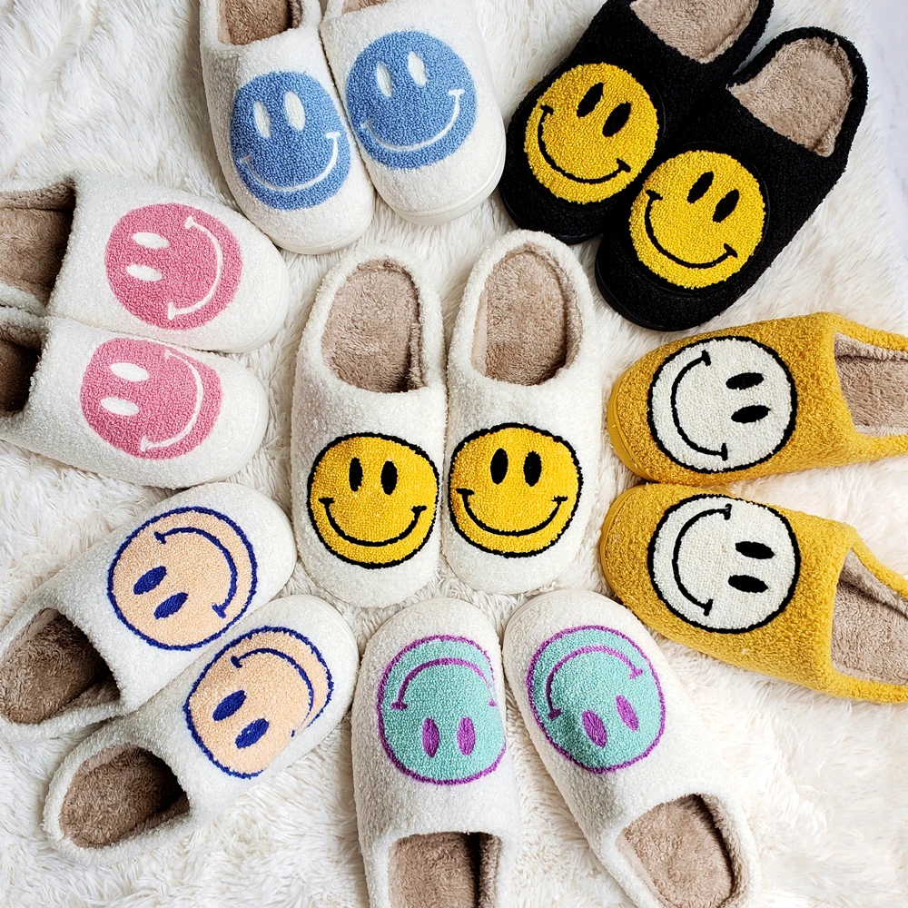 

Winter Big Smiley Pattern Women Fur Slippers House Couples Men Fluffy Slides Autumn Warm Plush Bedroom Ladies Cotton Shoes