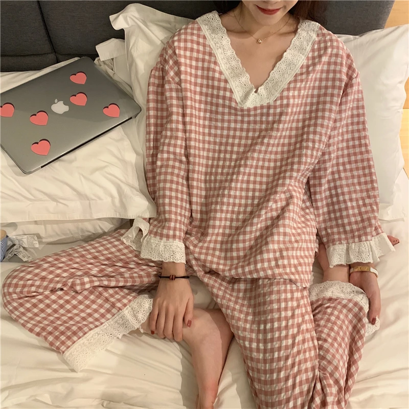 CAIYIER Korean Ulzzang Pink Plaid Print Pajamas Set Lovely V-Neck Girls Nightwear Loose Casual Long Sleeve Winter Homewear Suit