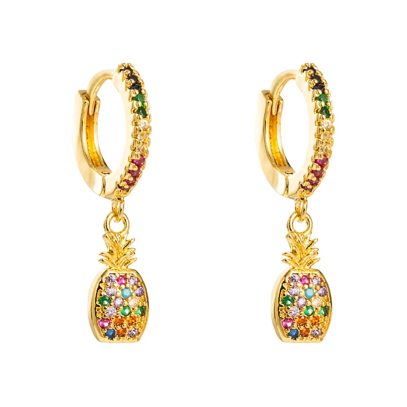 

New Fruit Pineapple Earrings Women Copper Plated Micro Inlaid with Color Zircon Small Earrings