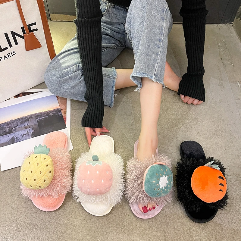2021 Fashion New Plush Slippers Female Autumn and Winter Cute Home Non-slip Cotton Mopping Thick Bottom Hairy Mopping Flip Flops