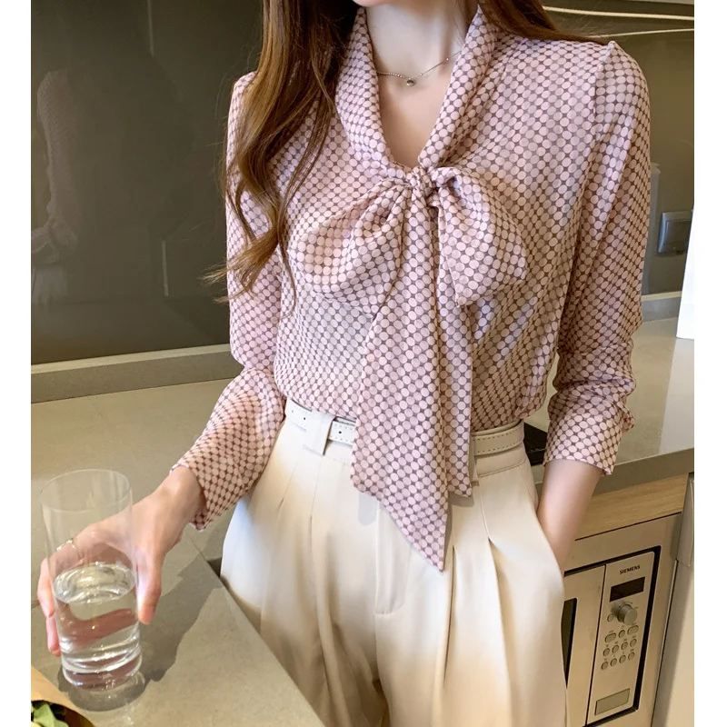 

Blouse Women Office Ladies Dot Print Designed Bow Collar Vintage New Fashion Spring Autumn Long Sleeve Temperament Elegant Top