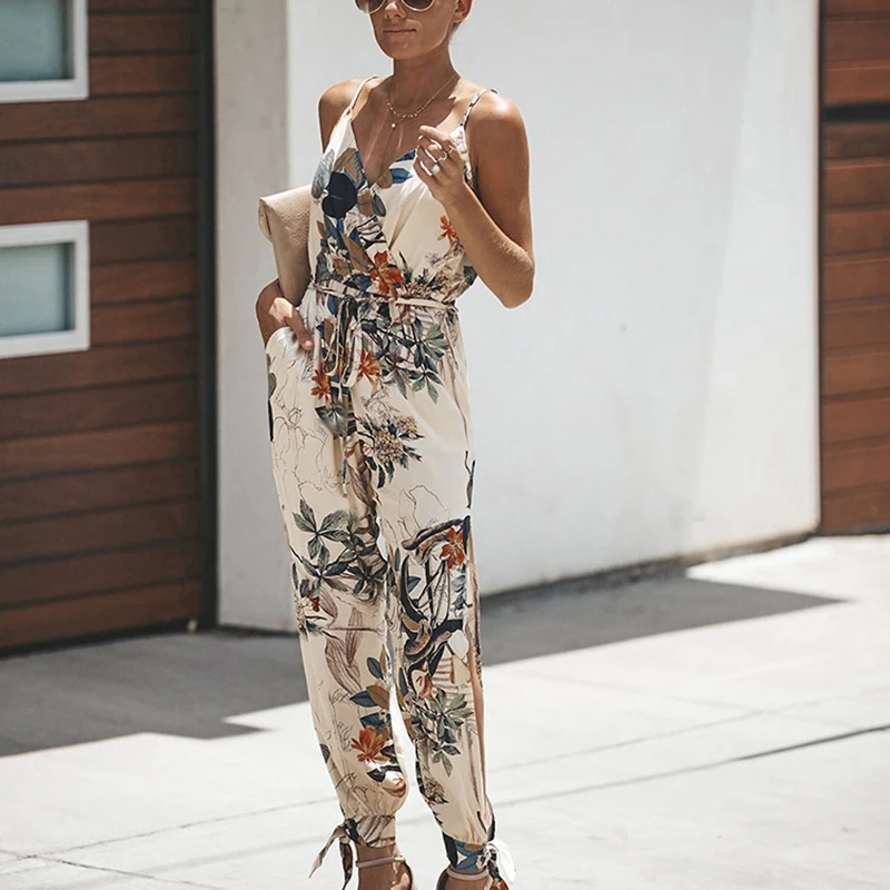Women Sleeveless Floral Print Jumpsuits Casual Summer Strap Romper Sexy V Neck Overalls Trousers Beach Playsuit Loose Pants