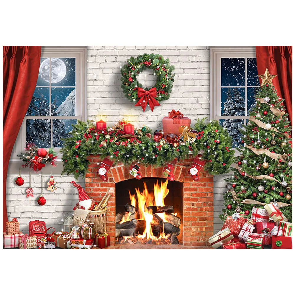 navidad Backdrop White Brick Wall Fireplace Xmas Tree Window Family Portrait Photography Photo Background Wreath Gift enlarge