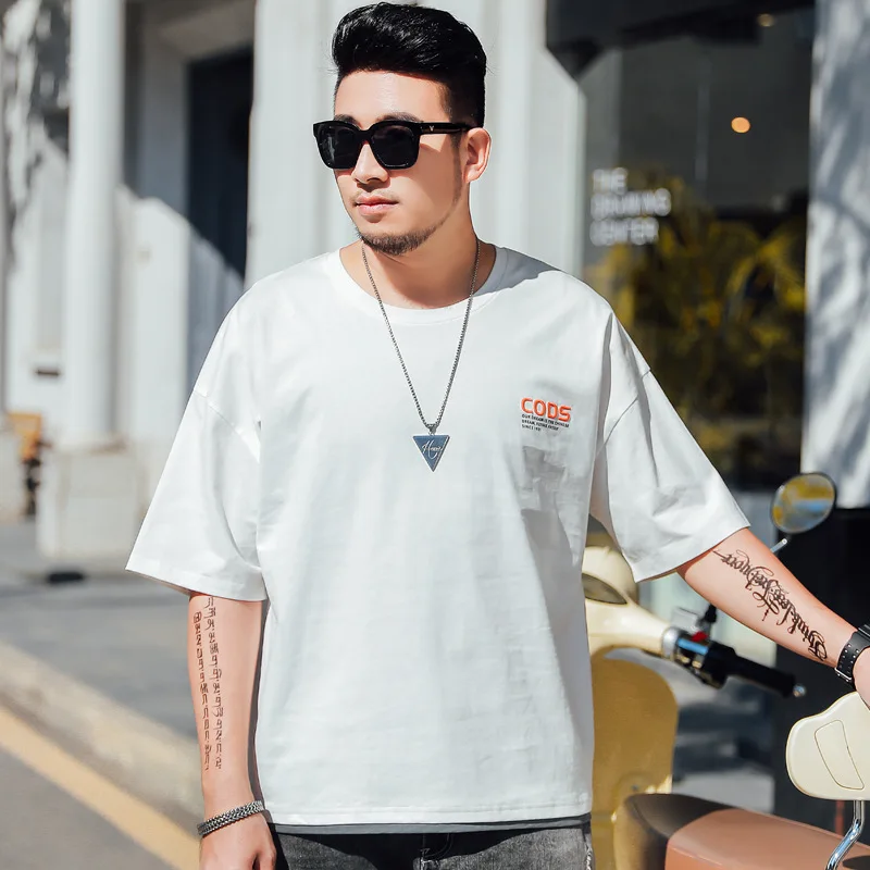 

Chao brand large men's short sleeve T-shirt chaopang 2021 summer new fattening men's fake two-piece printed T-shirt