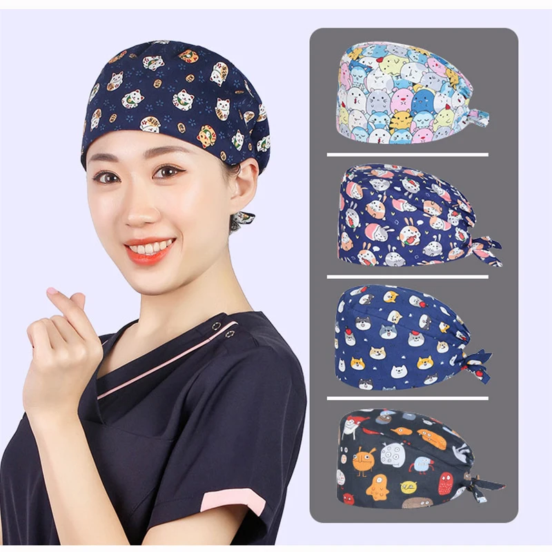 

Rabbit Scrub Cap Hat Unisex Printed 100% Cotton Tieback Adjustable Inner Sweatband Durable Chef Working Hats Caps