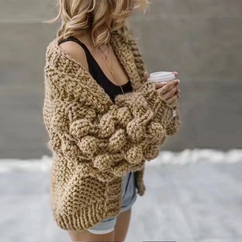 

Fashion New Women Knitted Cardigan Puff Sleeve Loose Sweater Ladies Autumn Winter Warm Casual Outwear Coat Tops