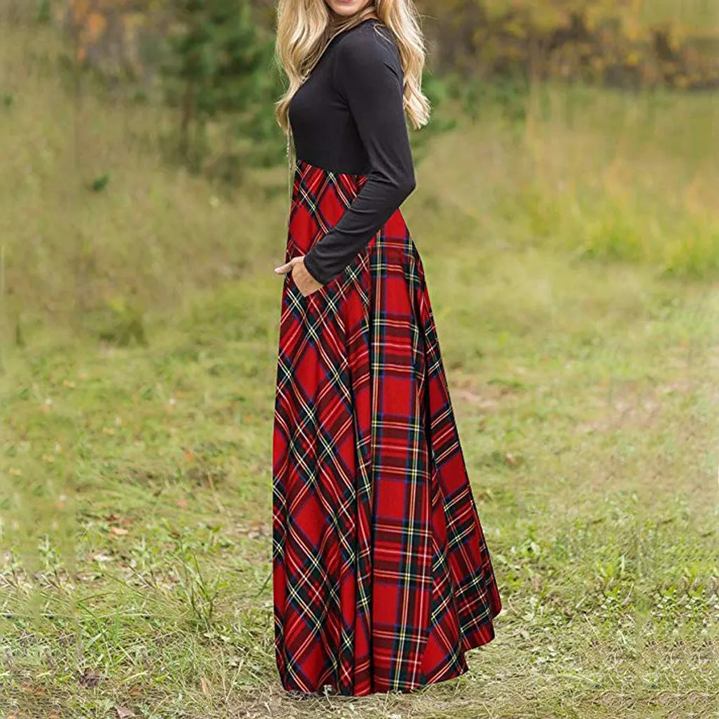 

Women Plaid Dress 2020 Fashion Summer O-Neck Empire Waist Long Sleeve Full Length with Pockets vestidos de verano Female Dress
