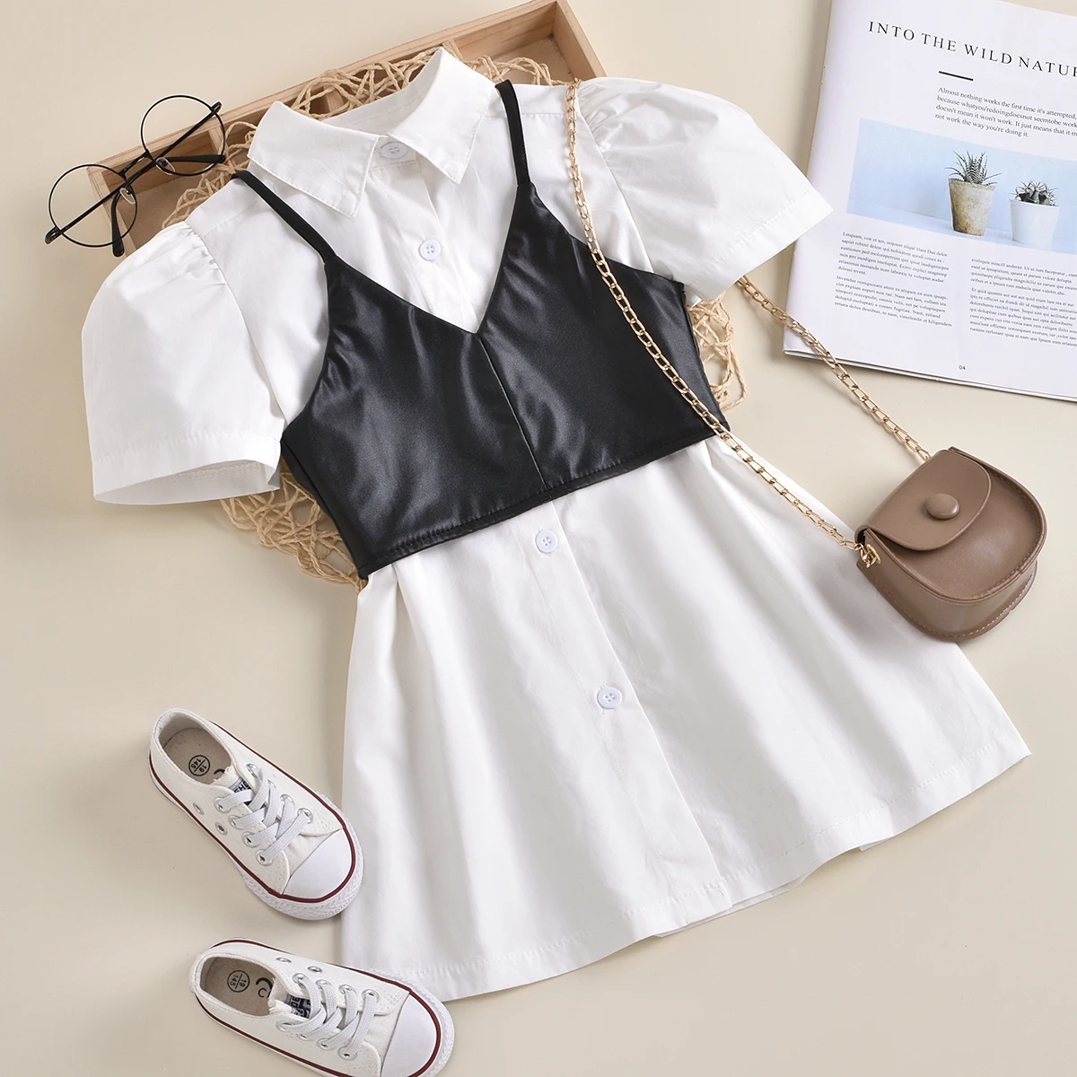 Летнее модное платье для девочек + жилет из искусственной кожи однотонное