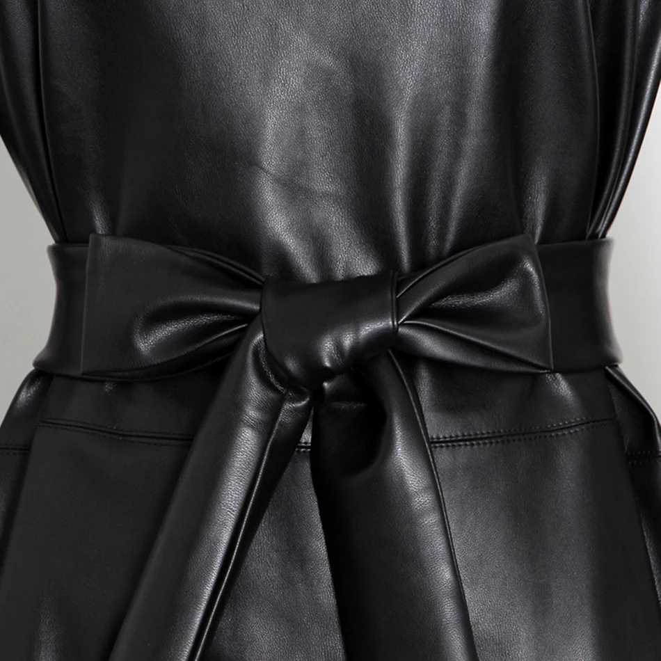 

High Quality Spring 2021 Sexy Lapel Long Sleeve Belt Pu Leather Dress Elegant Women'S Black Celebrity Club Party Dress Vestidos