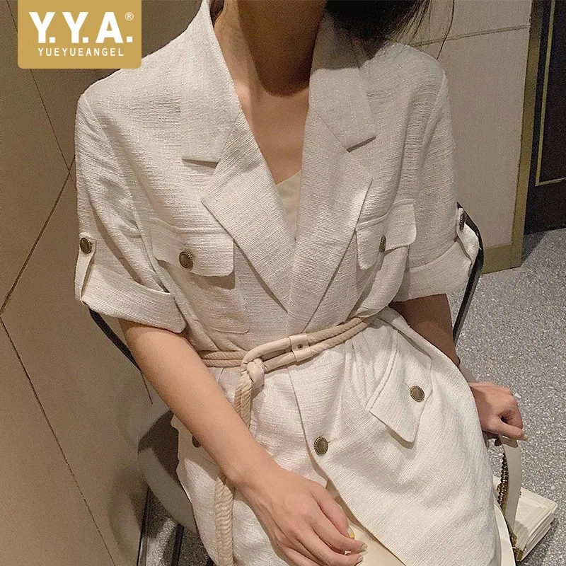 Женская тонкая твидовая куртка с поясом на шнуровке коротким рукавом офисный