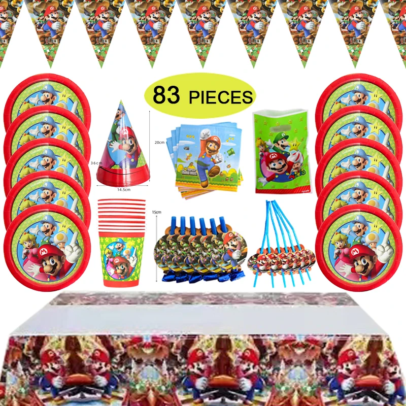 Mantel desechable de Mario y de papel para ni&ntilde;os, servilletas, pajitas, mantel, vajilla para fiesta de cumplea&ntilde;os, suministros de ba&ntilde;o para beb&eacute;, 83 Uds.-0