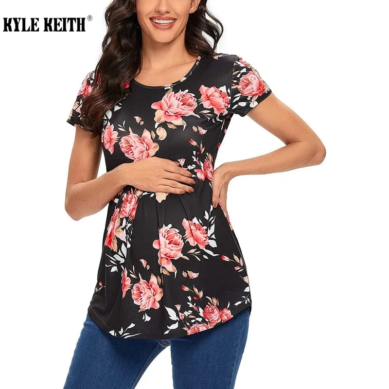 

Women's Maternity Tops Short Sleeve Round Neck Print Flower Front Pleat Peplum Tunic Top Pregnancy Shirts