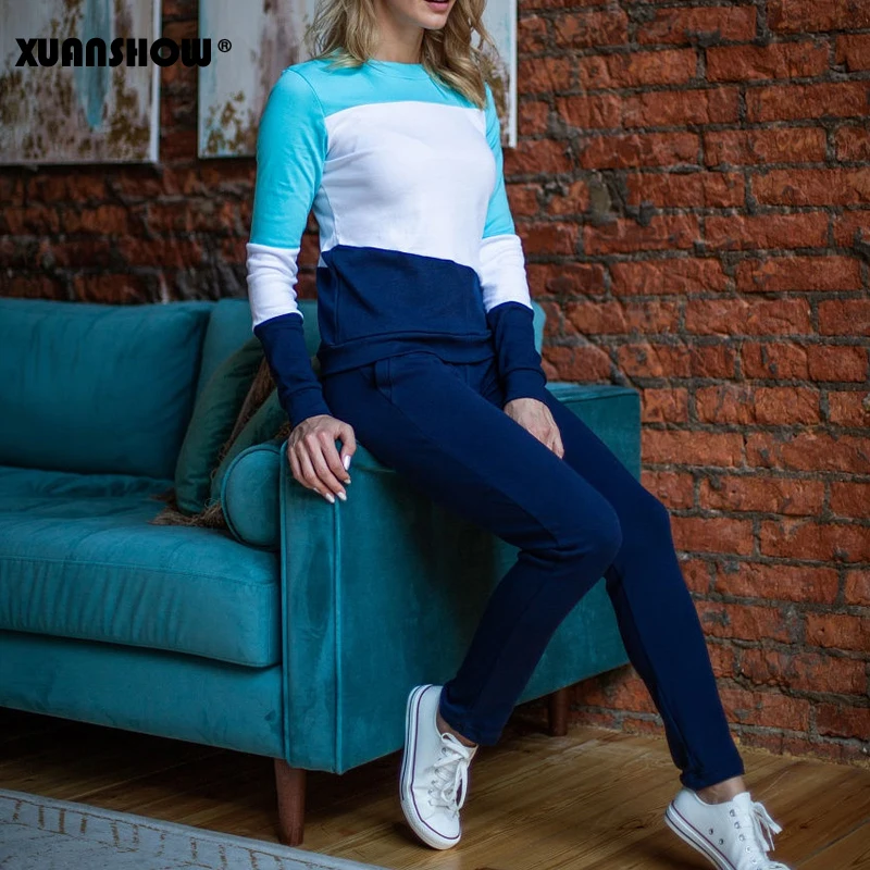 XUANSHOW спортивный костюм женский Новое поступление Осень зима сращивание Длинный рукав Толстовка и длинные брюки Набор из двух частей