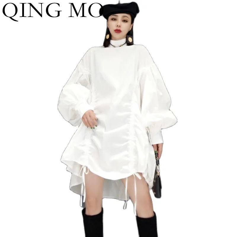 

Женская блузка с длинным рукавом QING MO, однотонная белая блузка с высоким воротником и складками, осень 2021
