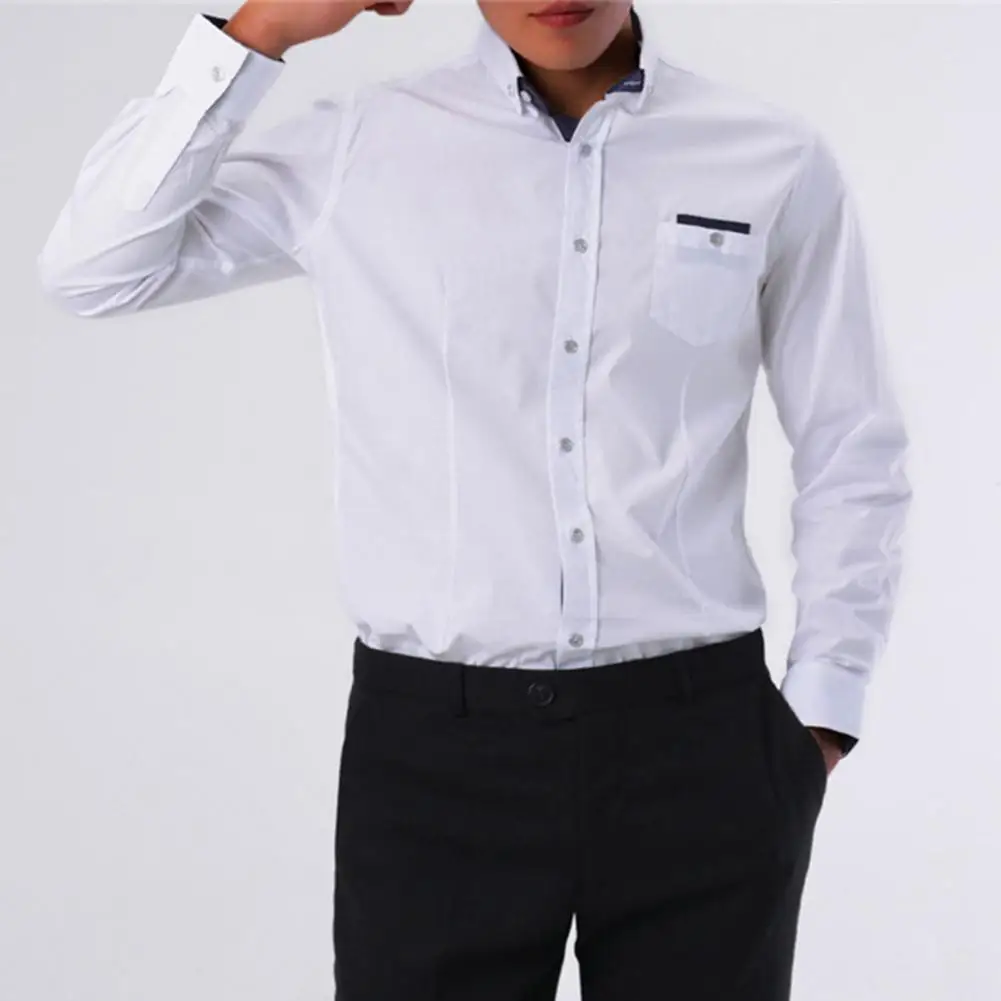 

2021 New Formal Long Sleeve Pocket Decor Business Shirt Breathable Solid Color Lapel Men Polyester Shirt Workwear