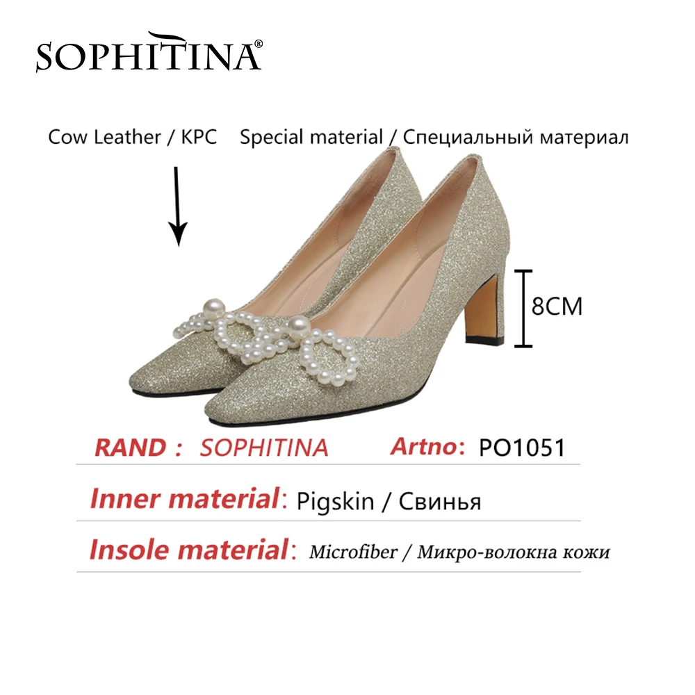 

SOPHITINA Pumps Woman Shallow Pearls Genuine Leather Pointed Toe High Square Heel Offcie Lady Shoes PO1051
