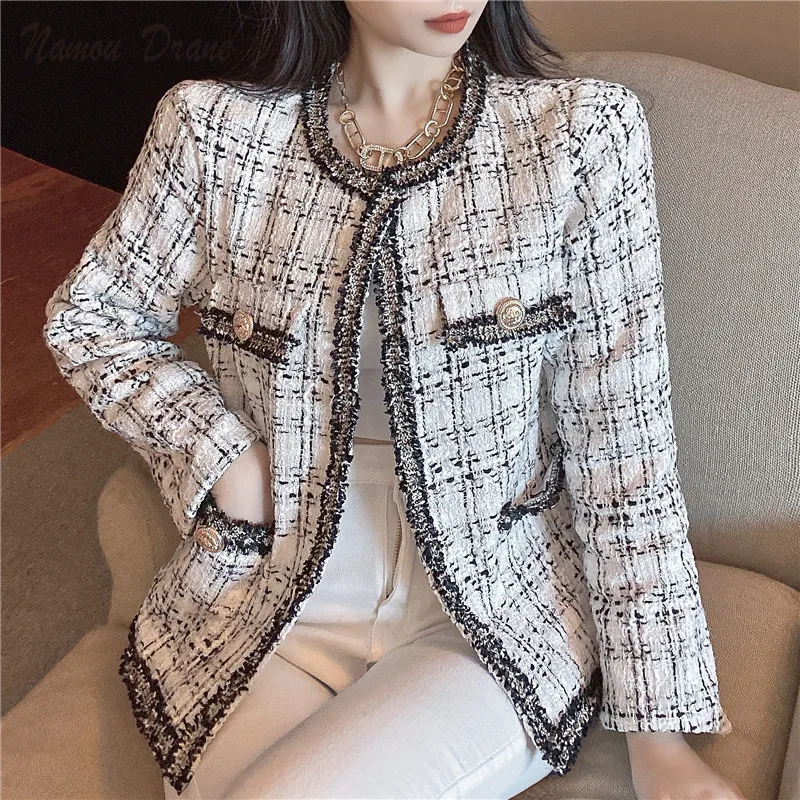 

Vintage Plaid Woman Jacket Long Sleeve O-neck Open Stitch Runway Designer Tweed Cardigans Fashion Coat Women's Clothing 2021