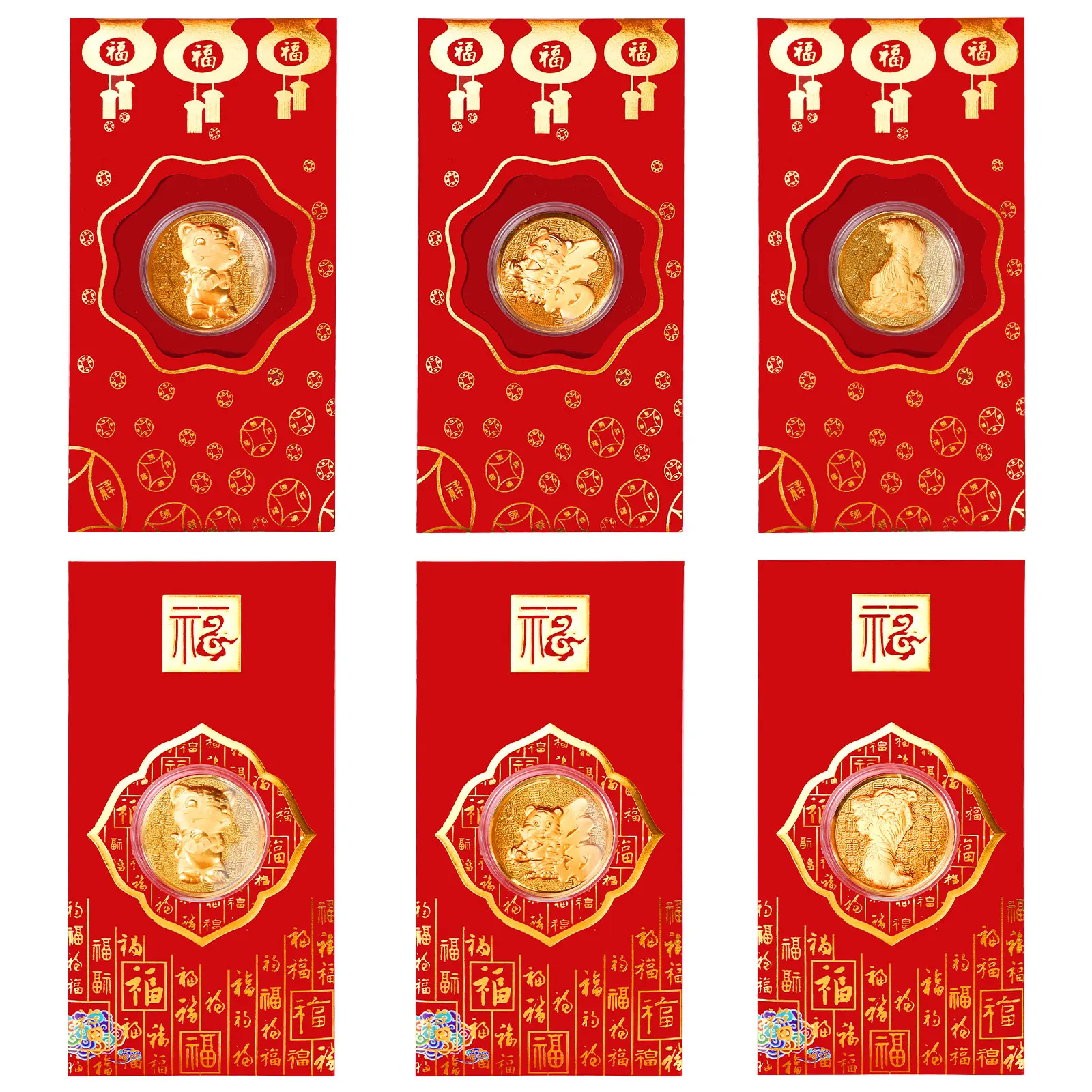 

6Pcs Red Envelopes 6Pcs Commemorative Coins Cute Money Bag Lucky Red Packet Spring Festival Supplies