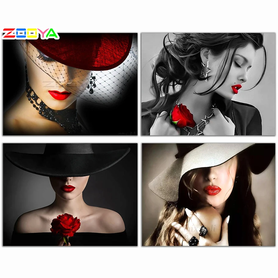 ZOOYA DIY Алмазная вышивка, портрет красивой женщины красная шляпа и красные губы алмазная живопись вышивка крестиком полная Мозаика Украшение BK441