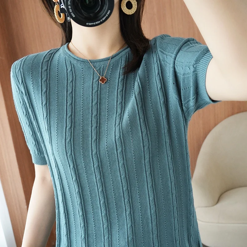 

Pure Cotton Women Sweater Summer Fashion Solid O Neck Short-Sleeved Office Lady Knitwear Pullover Streetwear Casual Tops Tees