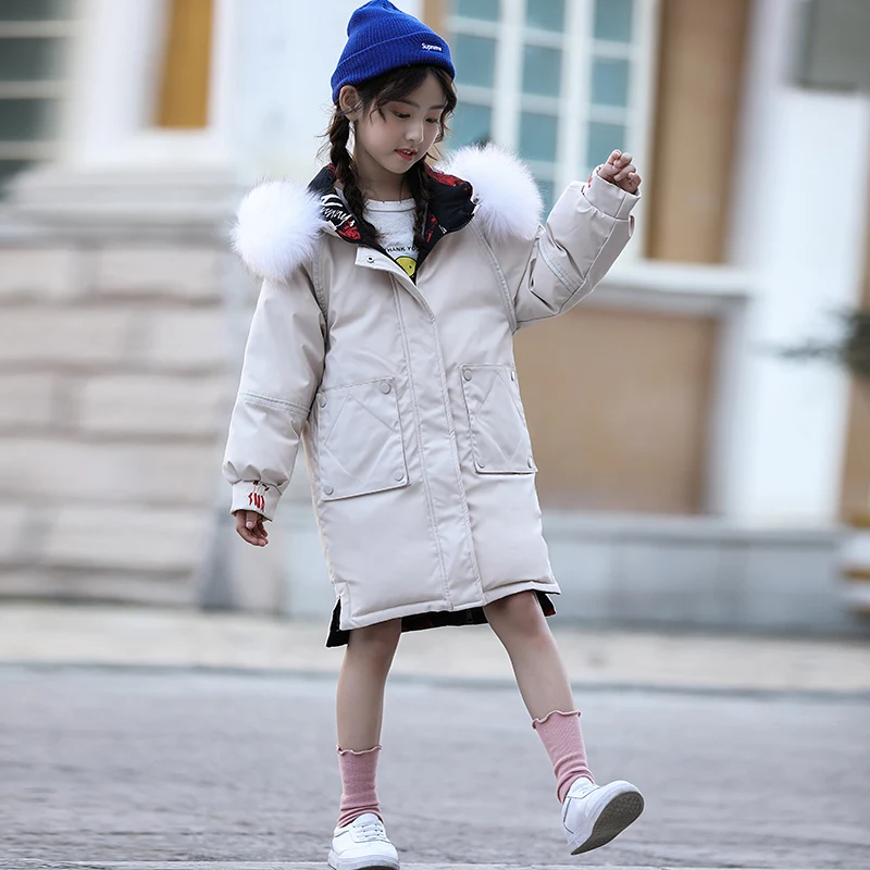 Девочек Зимняя парка пальто с капюшоном меховой воротник теплая верхняя одежда