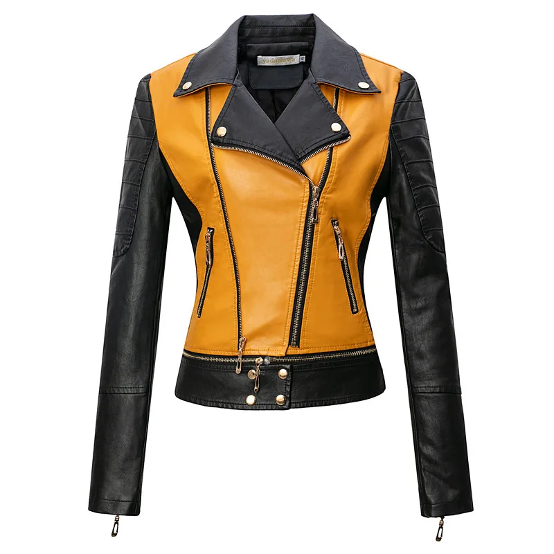 

Plus Size Women Soft Motorcycle Short Faux Leather Jacket Women Ladies Autumn Biker Streetwear Black Spliced Zippers Coat