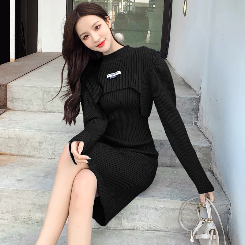 

2021 New Korean Round Neck Fashion Bubble Sleeve Asymmetric Short Top Long Sleeve + Slim Elastic Vest Dress Two Piece Set