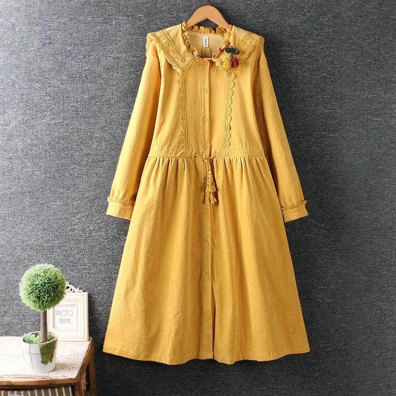 

2021 new autumn and winter sweet loosen and casual ruffles turn down collar solid corduroy cotton long mori girl women dress