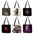 Эксклюзивная Льняная сумка-тоут с индивидуальным принтом черепа девочки день мертвецов Хэллоуин многоразовые сумки для покупок Женские повседневные сумки