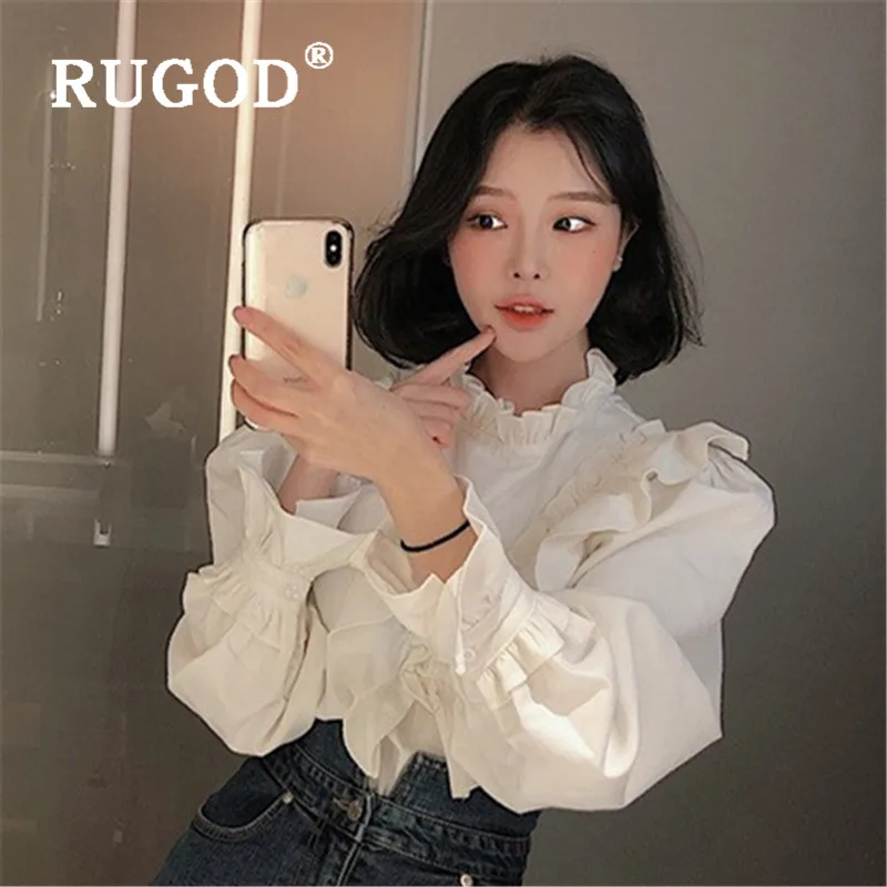 RUGOD Spring Ruffle Blouse Women Blouses Long Sleeve Elegant Top Korean Fashion Clothing Women's Shirts Bell White | Женская одежда