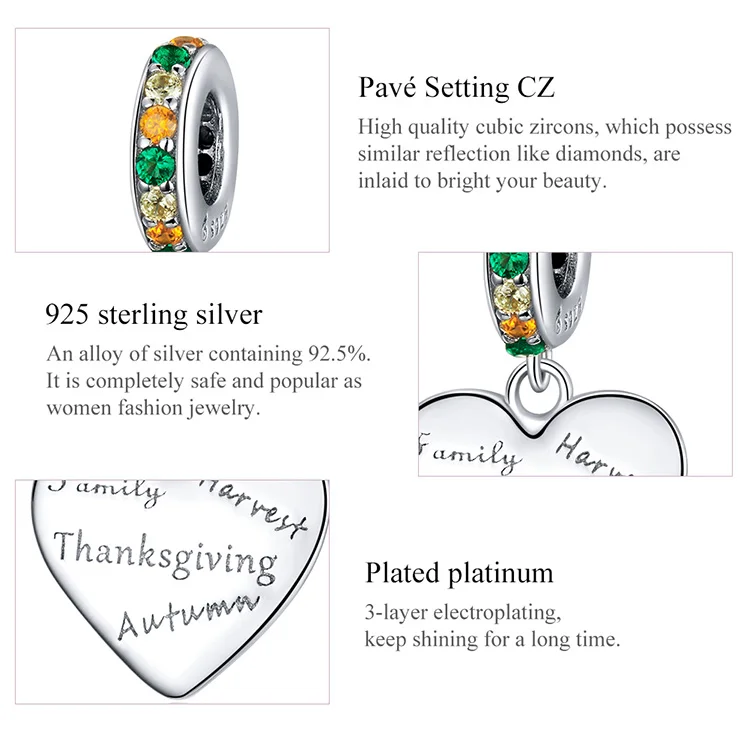 

2021 Thanksgiving Love CZ Beads Jewelry Making fashion 925 Sterling Silver Charm for Original Bracelets Bangle Pendant Bijoux
