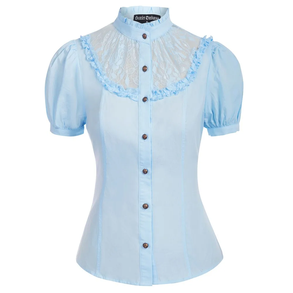 

SD Corset Tops Women Gothic Lace Decorated Shirt Short Sleeve Stand Collar Curved Hem Tops Vintage Sexy Party Blouse A30