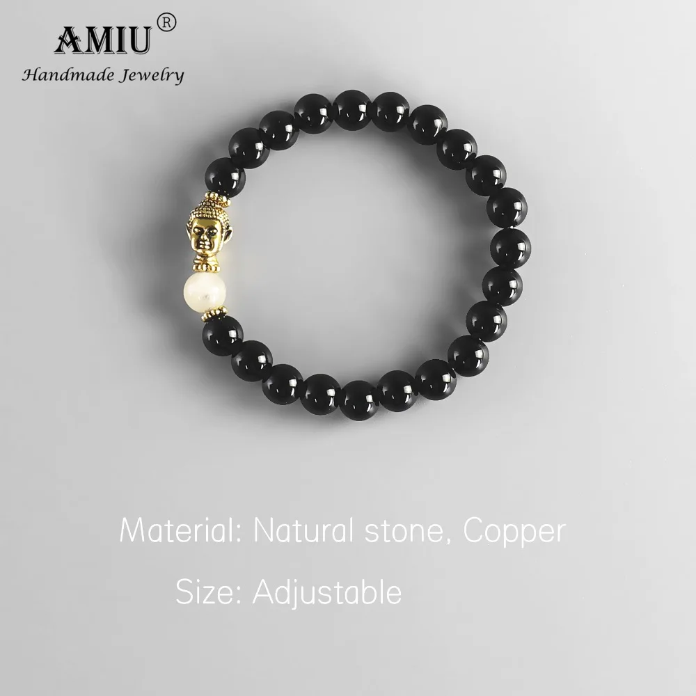 Голова Будды AMIU высокое качество натуральный черный бисер оникс исцеляющий
